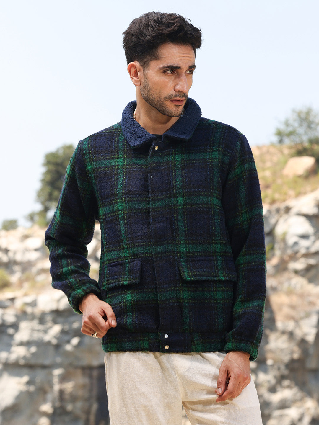 Tartan Plaid Jacket With Fleece Collar