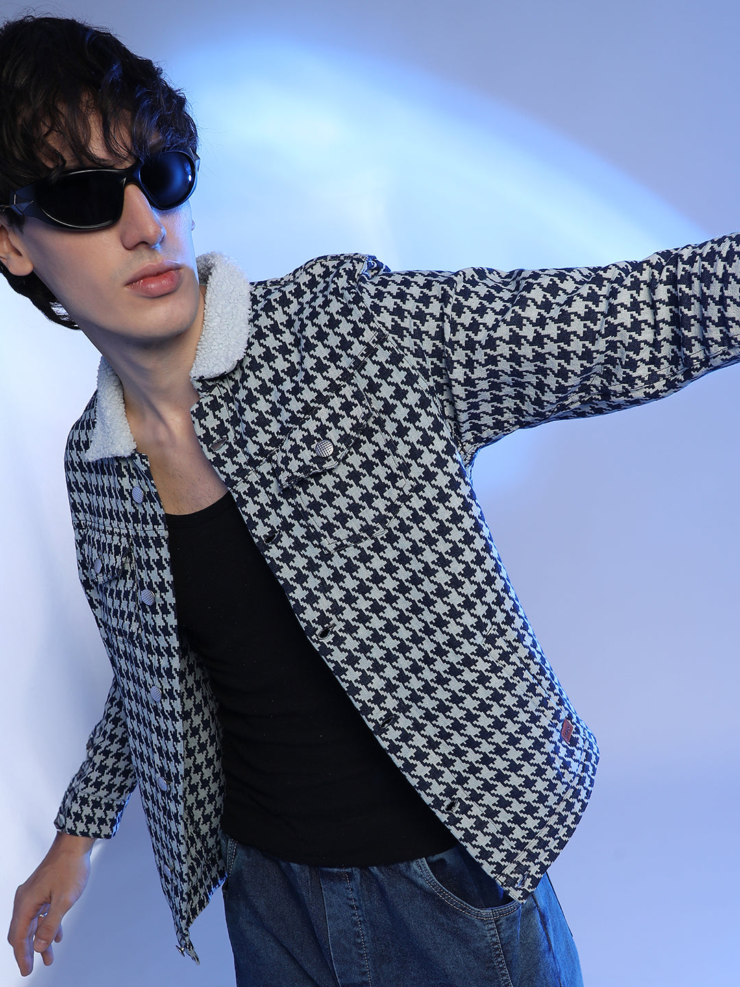 Fleece Houndstooth Denim Jacket