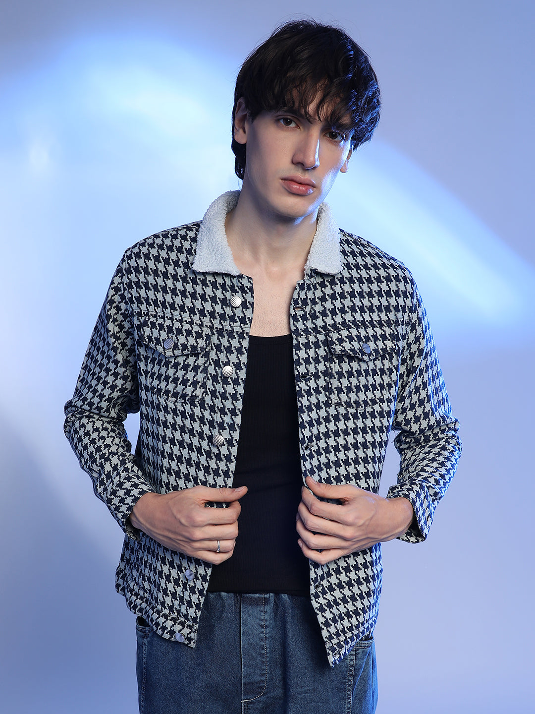 Fleece Houndstooth Denim Jacket