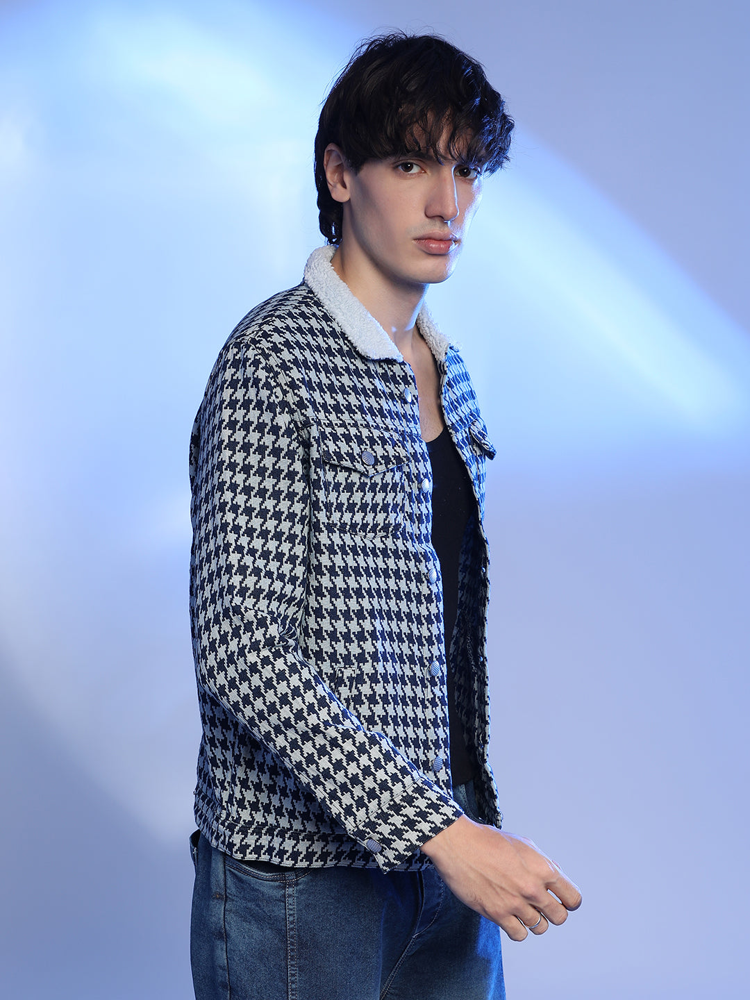 Fleece Houndstooth Denim Jacket