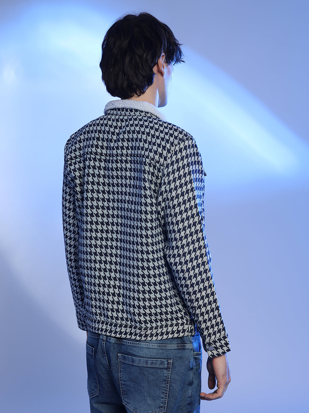 Fleece Houndstooth Denim Jacket