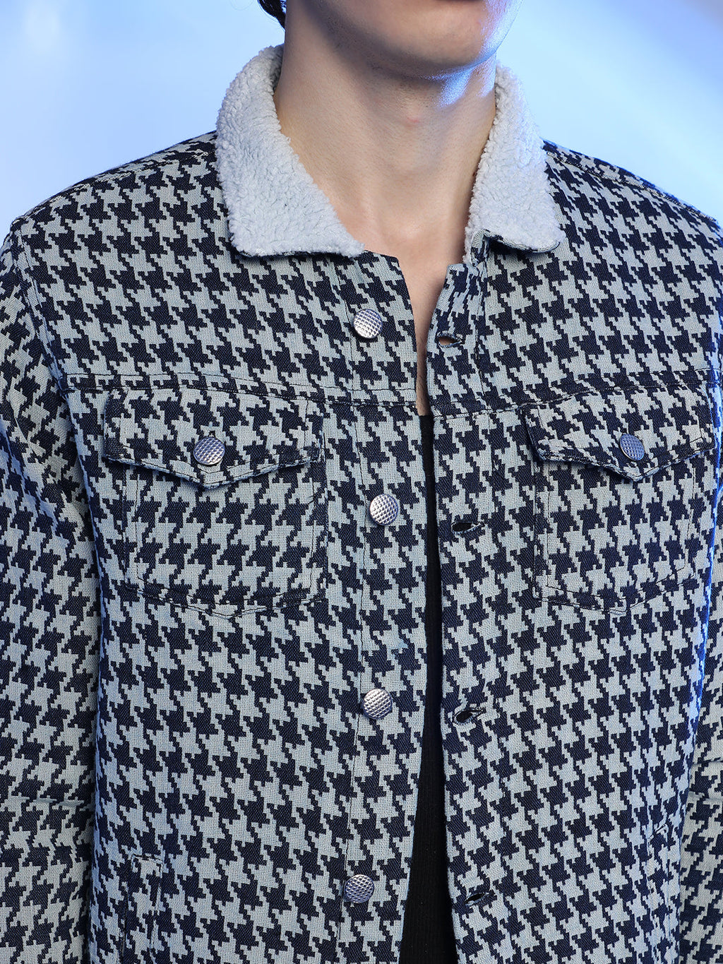 Fleece Houndstooth Denim Jacket