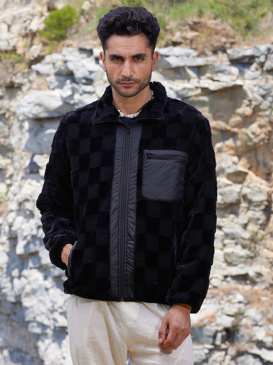 Fleece Buffalo Check Puffer Jacket