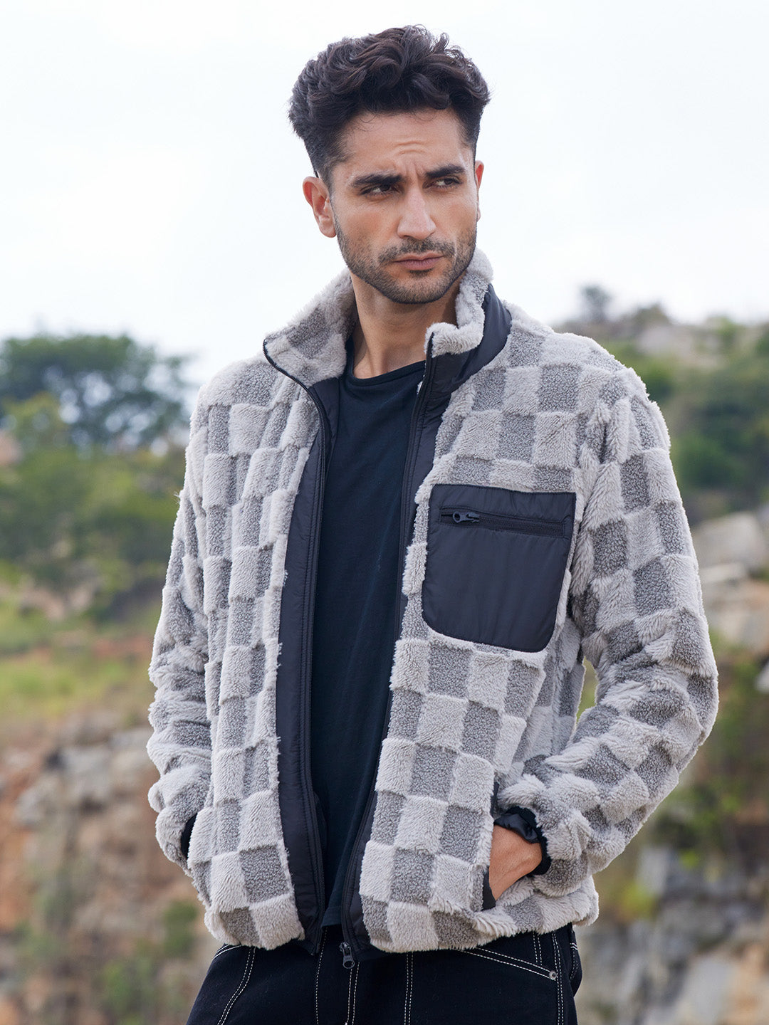 Fleece Buffalo Check Puffer Jacket