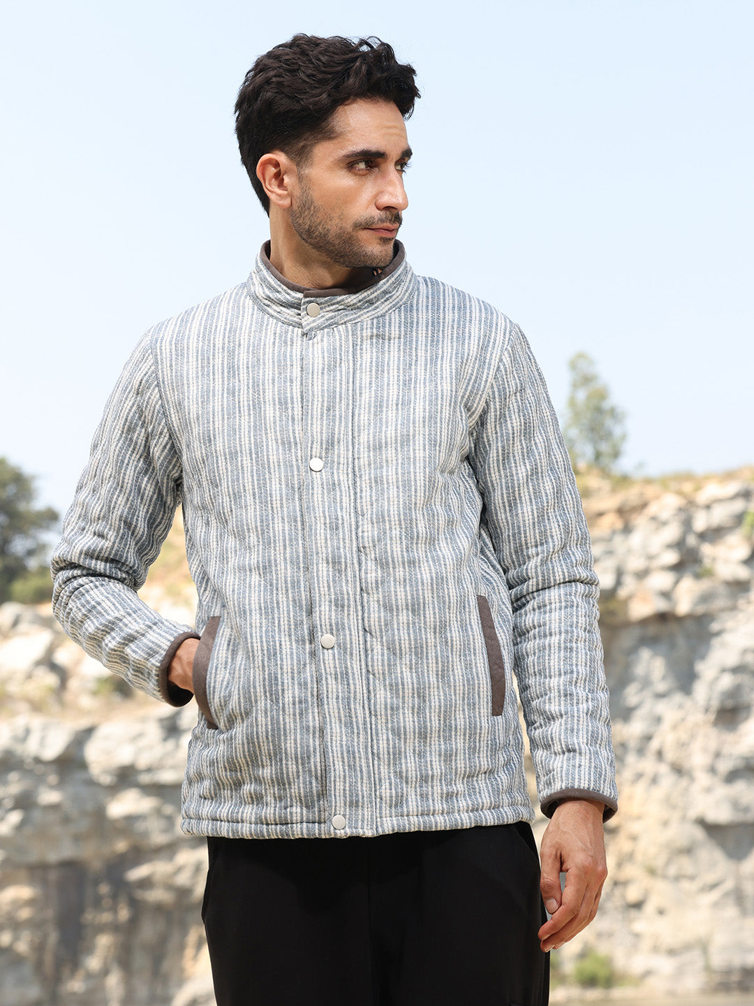 ₹1,999 | Campus Sutra men's White & Light Grey Striped Quilted