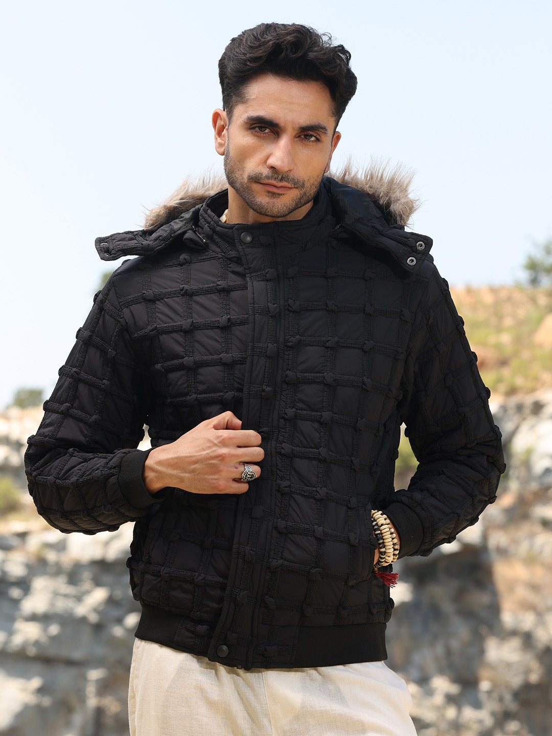 Self-Design Puffer Jacket With Fleece Hood