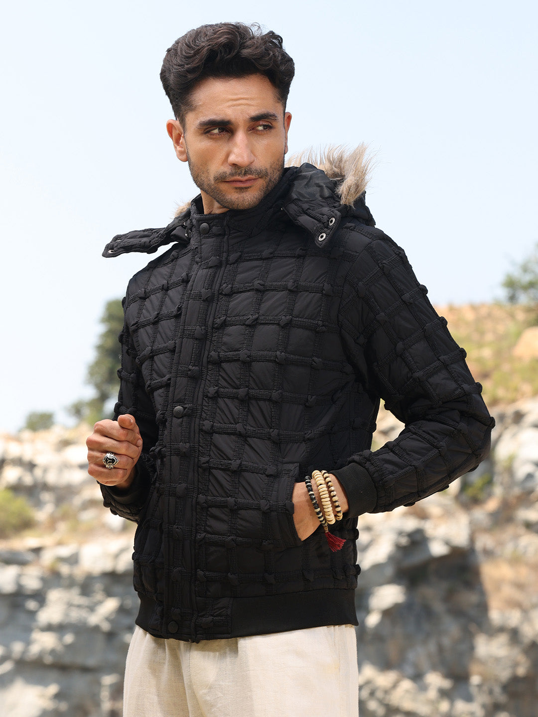 Self-Design Puffer Jacket With Fleece Hood