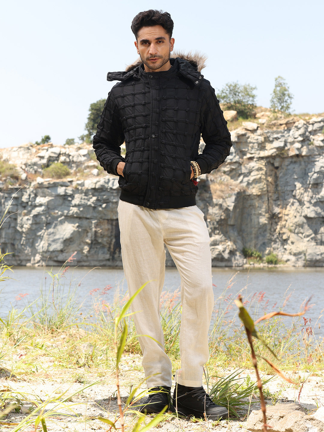 Self-Design Puffer Jacket With Fleece Hood