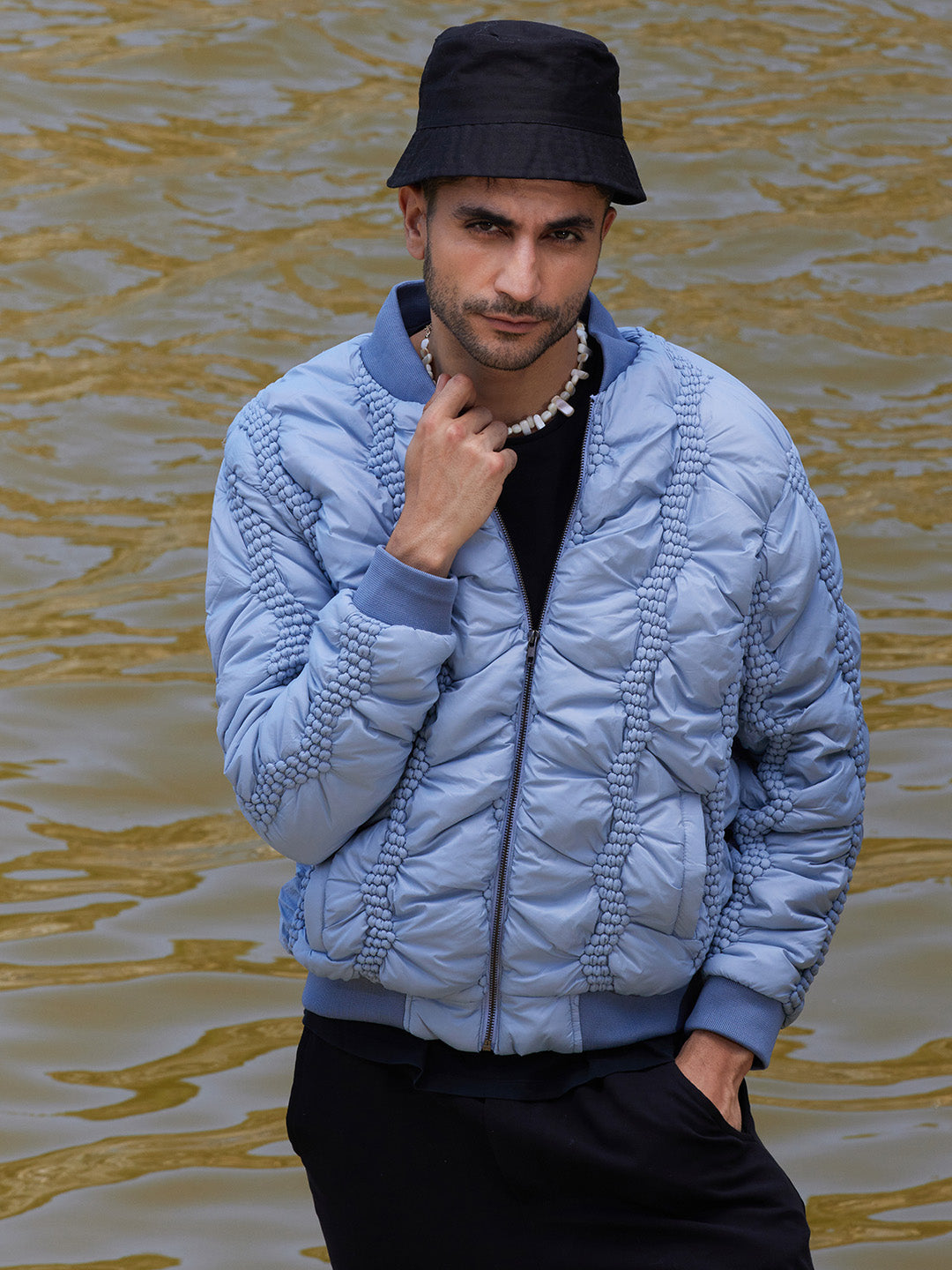 ₹2,249 Campus Sutra men's Icy Blue Braided Crease Puffer Jacket