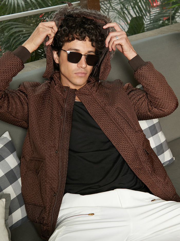 Campus Sutra men's Chocolate Brown SelfDesign Diamond Puffer Jacket