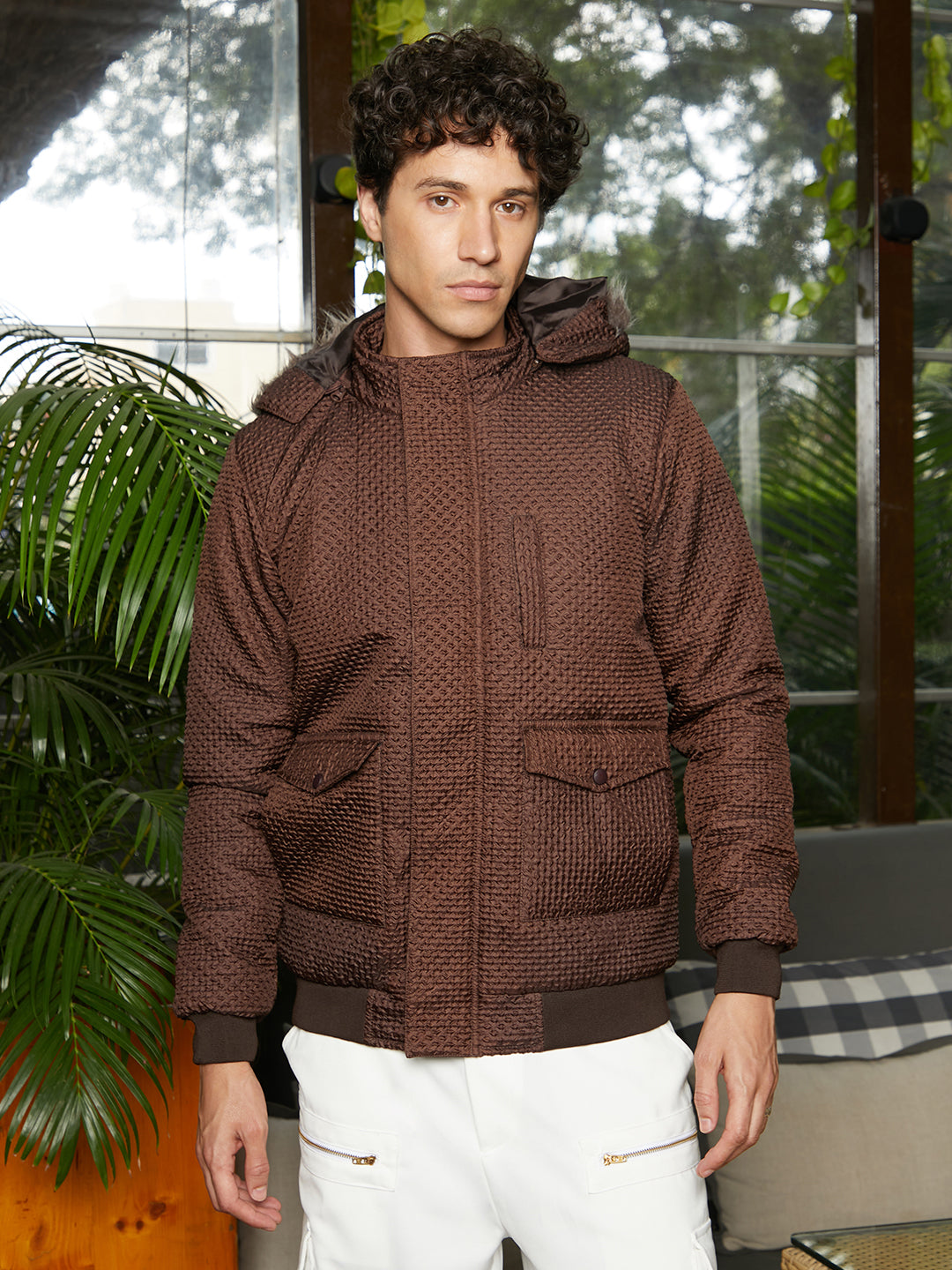 Self-Design Diamond Puffer Jacket With Fleece Hood