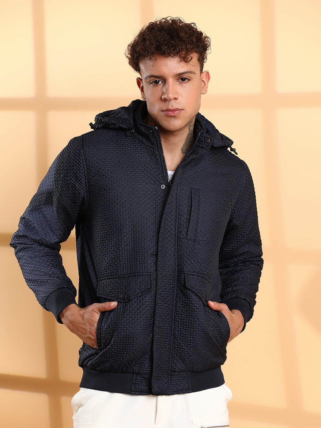 Self-Design Diamond Puffer Jacket With Fleece Hood