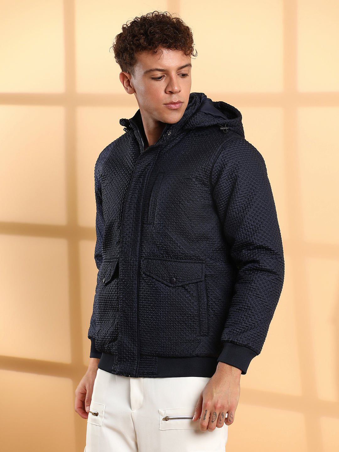 Self-Design Diamond Puffer Jacket With Fleece Hood