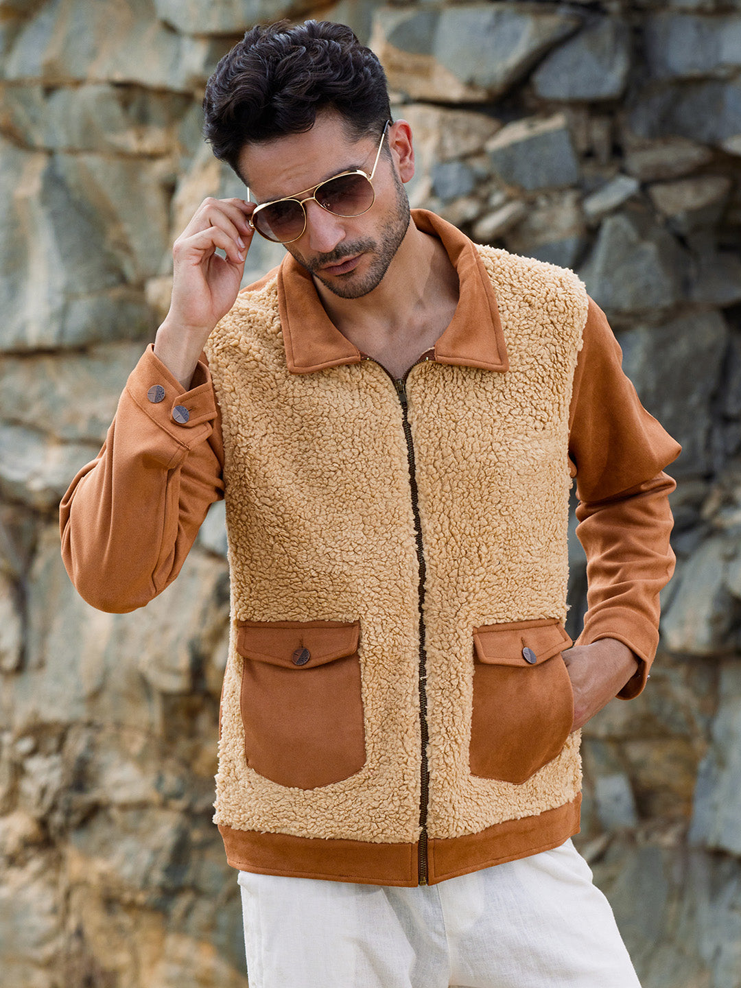 ₹1,749 Campus Sutra men's Tan Brown Contrast Sherpa Jacket