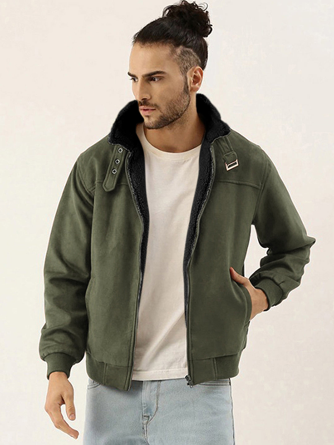 ₹1,749 | Campus Sutra men's Army Green Fur-Lined Suede Bomber