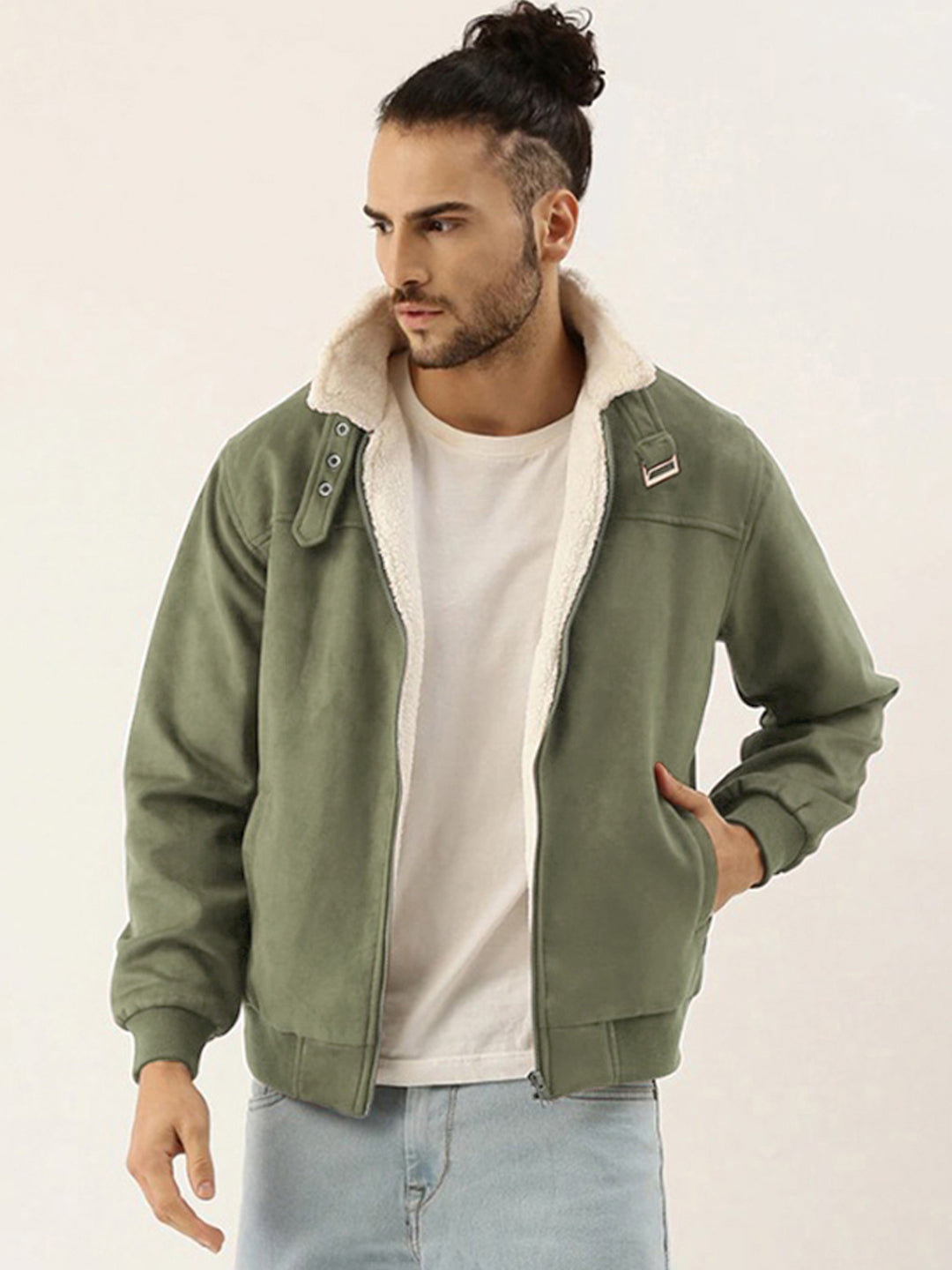 Fur-Lined Suede Bomber Jacket