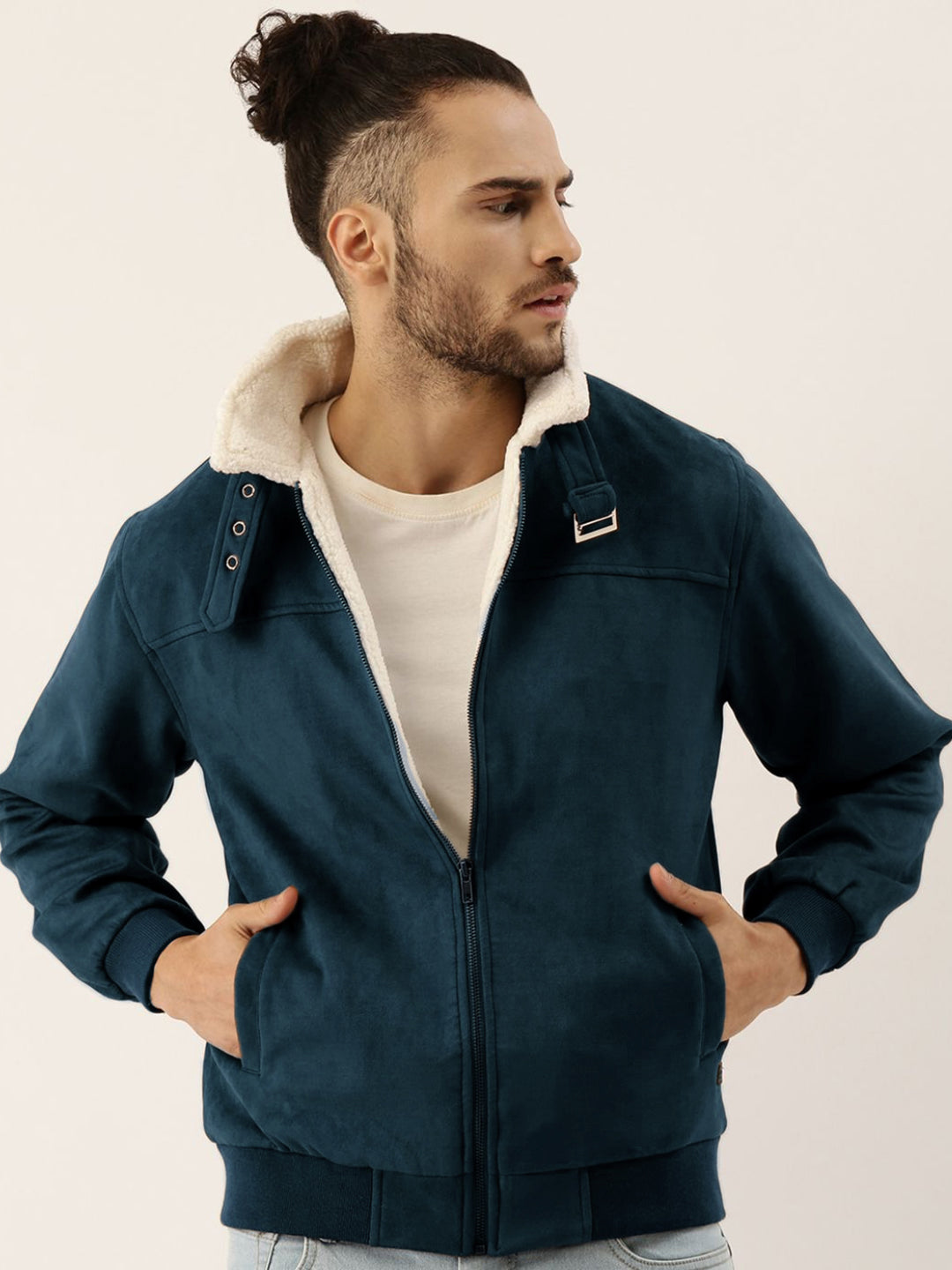 ₹1,799 | Campus Sutra men's Saltbox Blue Fur-Lined Suede Bomber