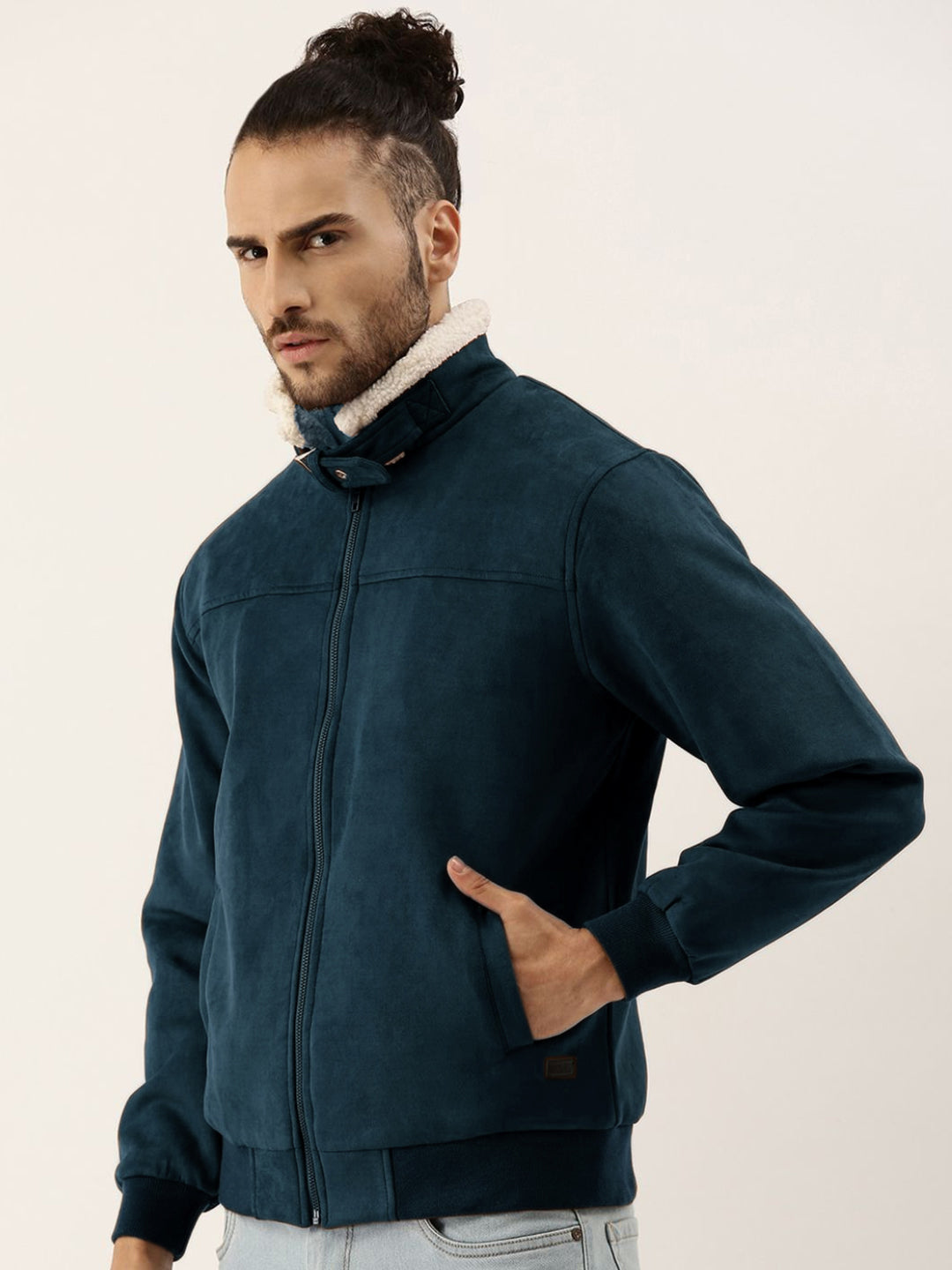 ₹1,799 | Campus Sutra men's Saltbox Blue Fur-Lined Suede Bomber