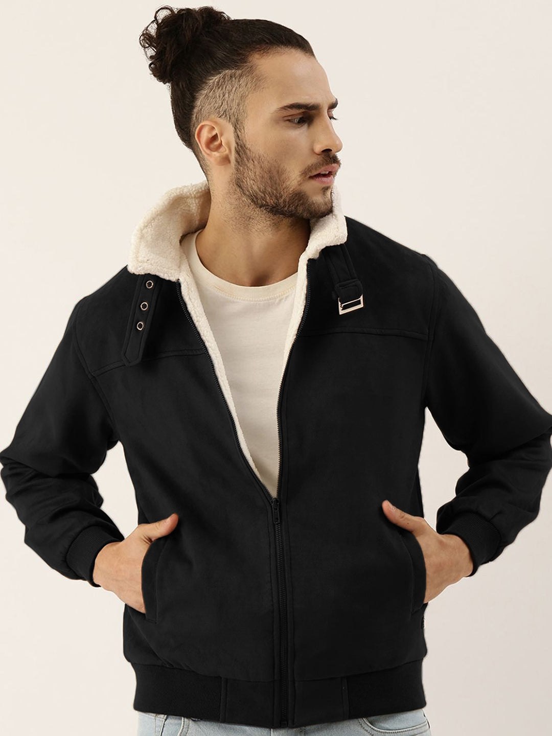 ₹1,749 Campus Sutra men's Obsidian Black Fur-Lined Suede Bomber