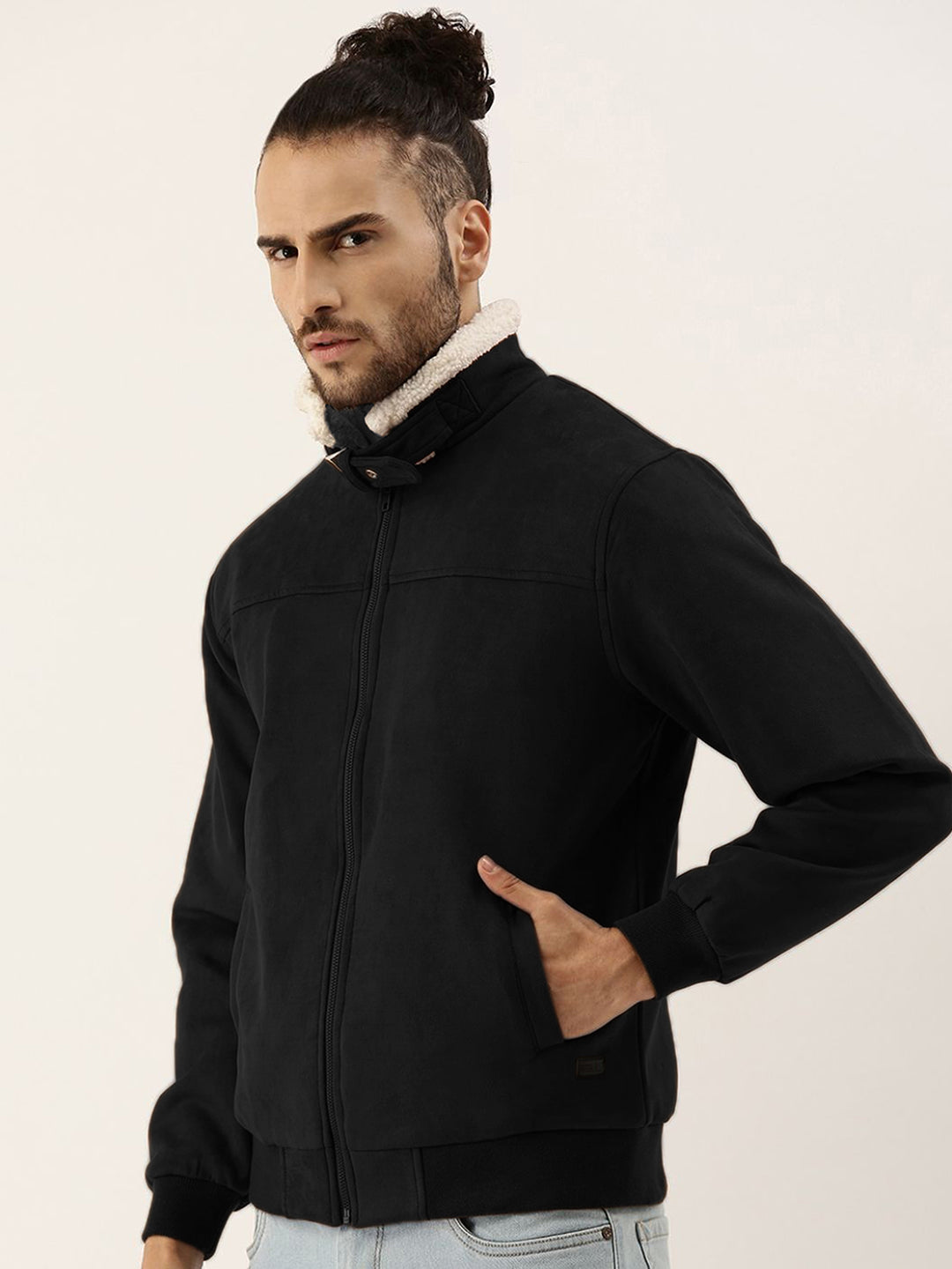 ₹1,749 | Campus Sutra men's Obsidian Black Fur-Lined Suede Bomber