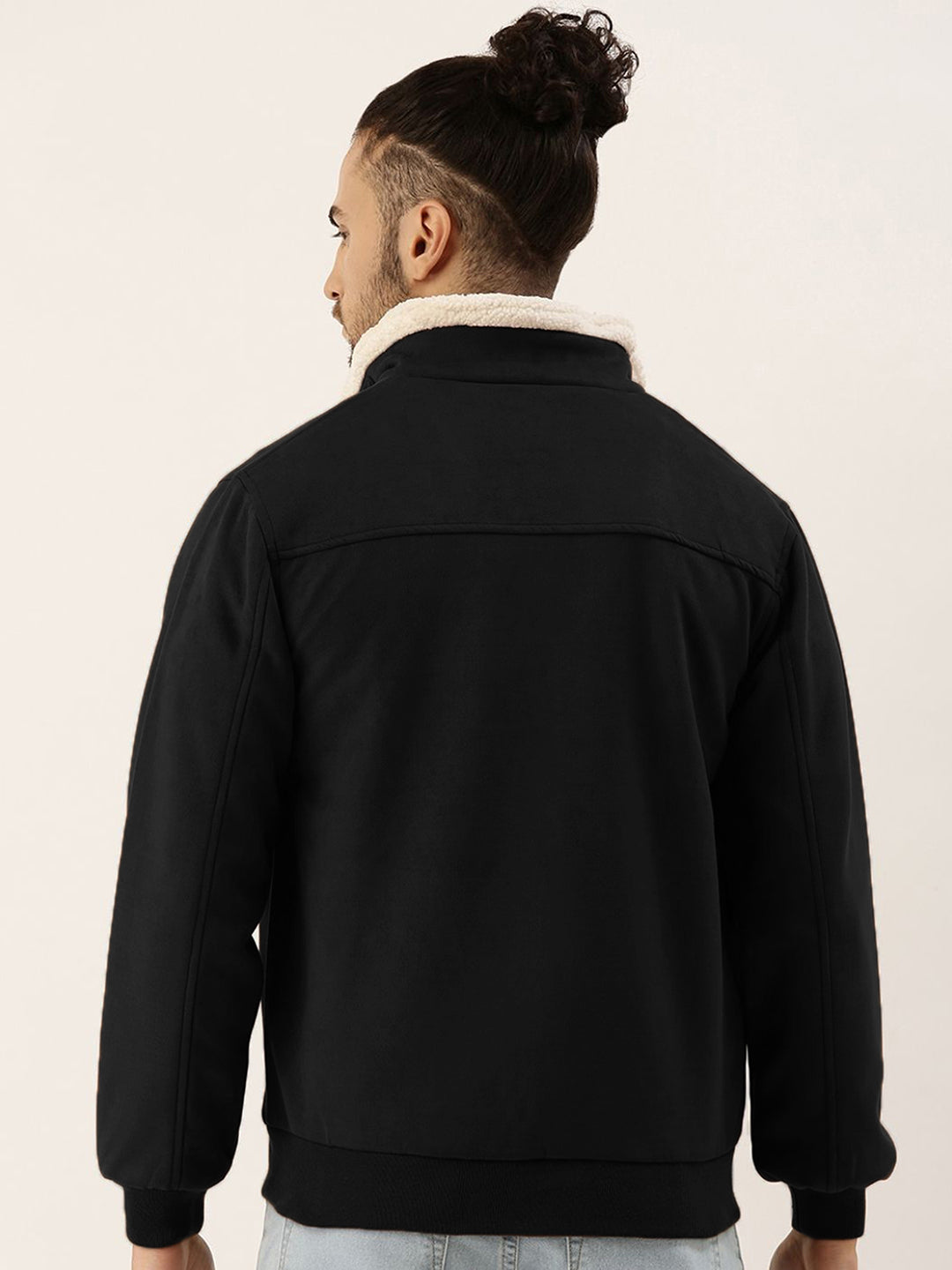 ₹1,799 | Campus Sutra men's Obsidian Black Fur-Lined Suede Bomber