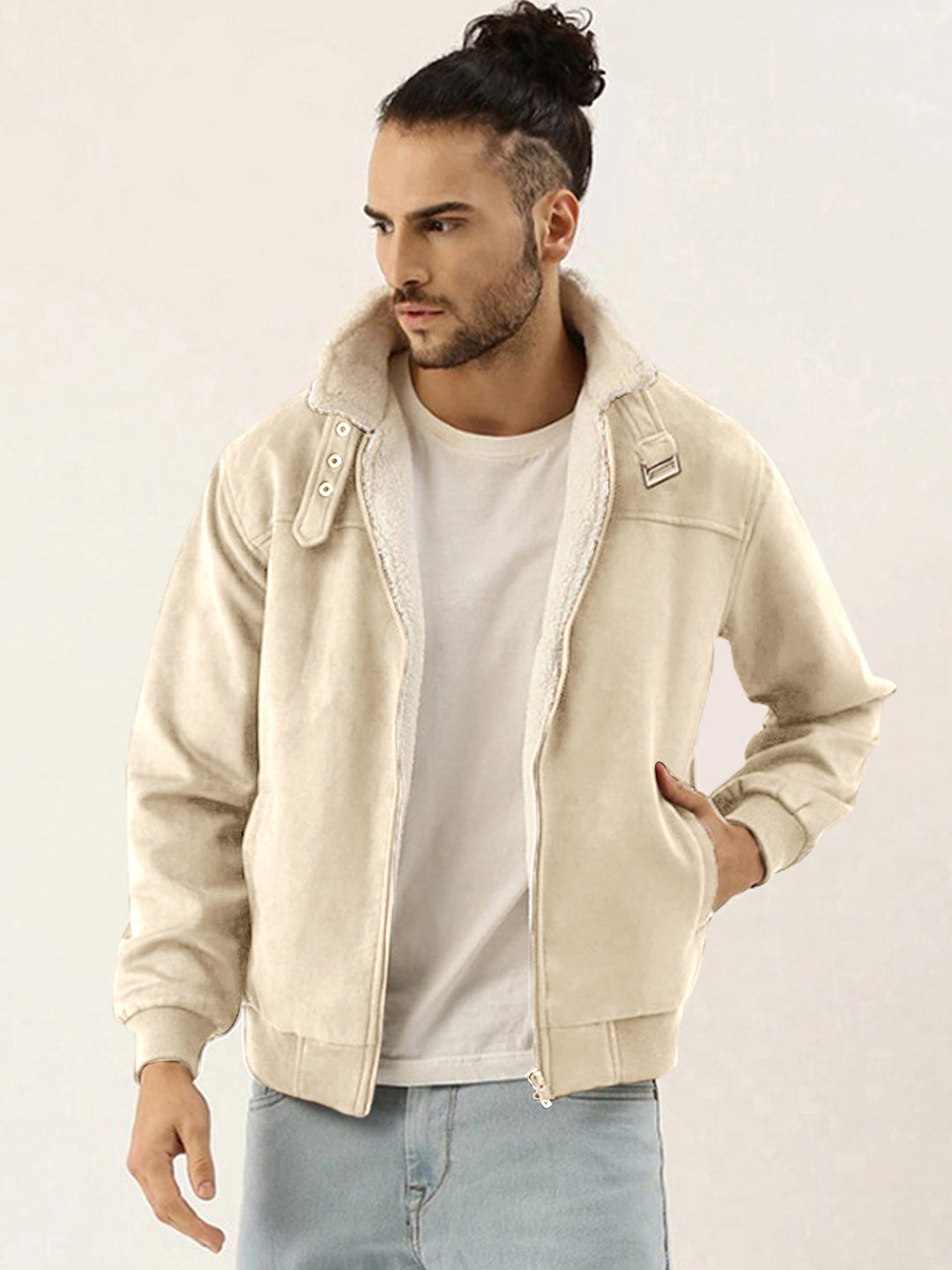 Fur-Lined Suede Bomber Jacket