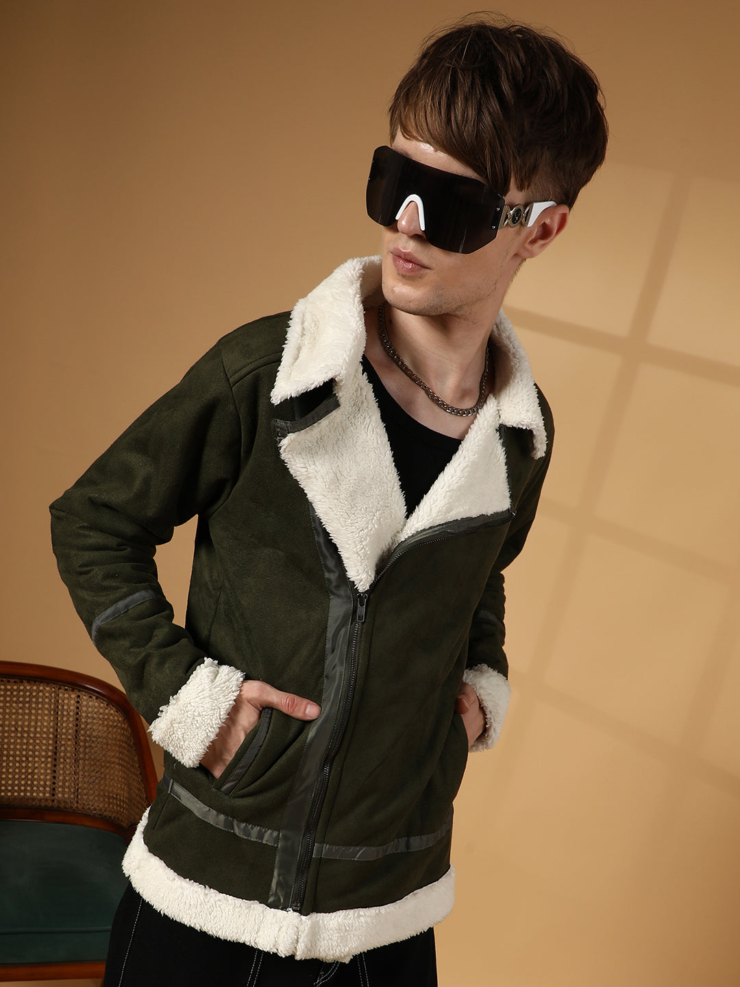 Campus Sutra mens Army Green Contrast Fleece Suede Biker Jacket Campussutra
