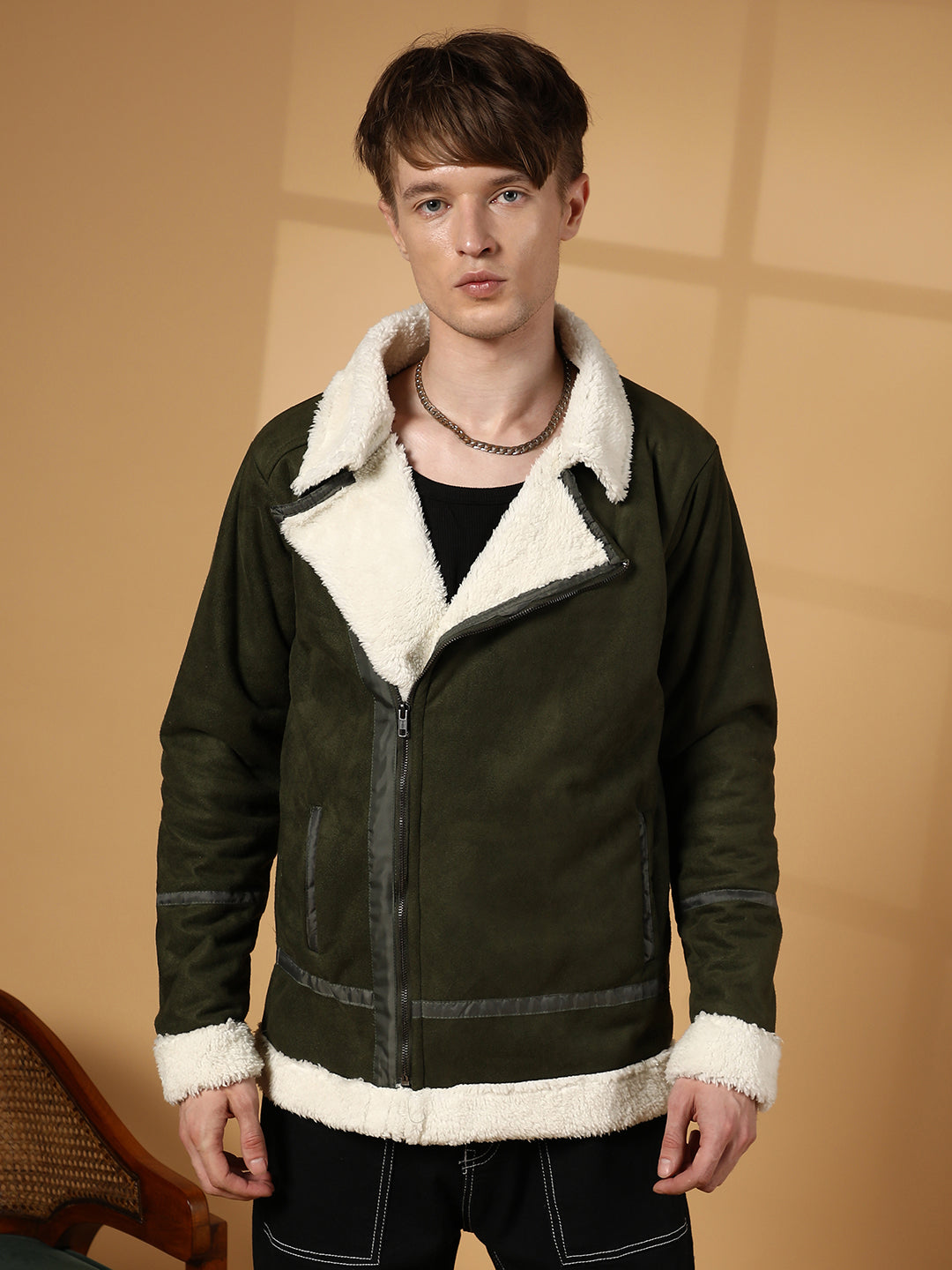 Contrast-Fleece Suede Biker Jacket