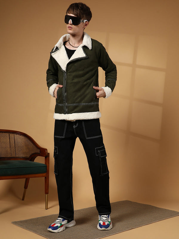 Contrast-Fleece Suede Biker Jacket