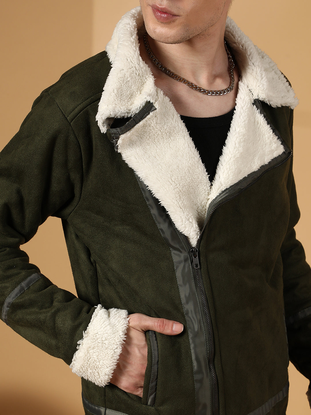 Contrast-Fleece Suede Biker Jacket