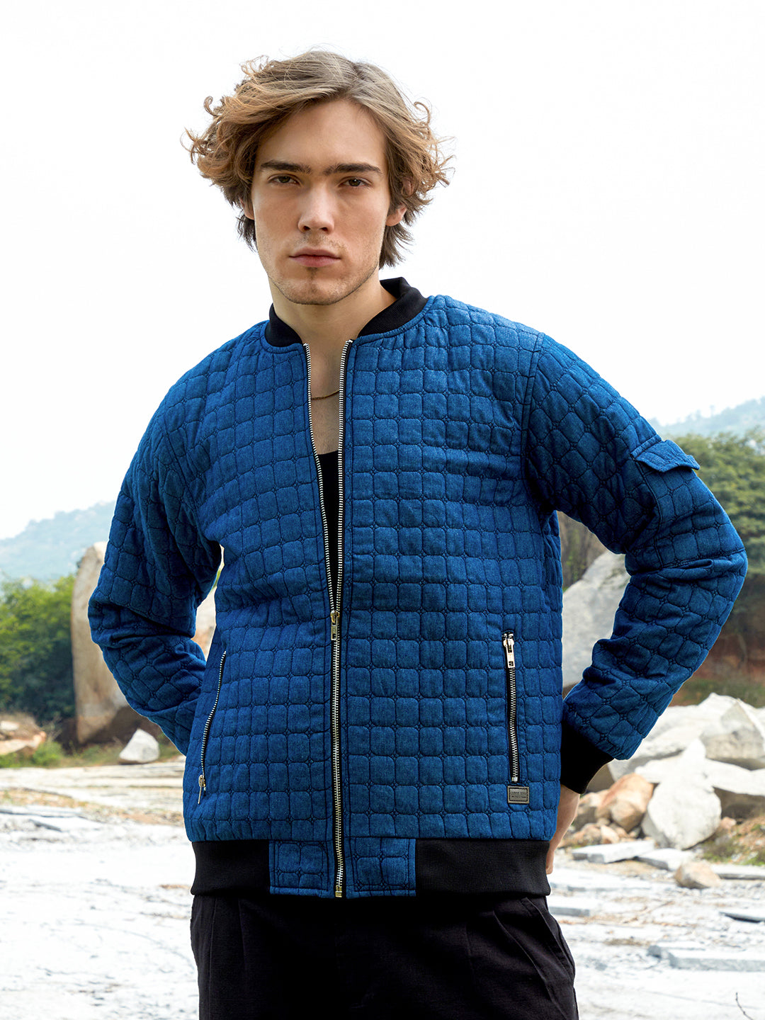 Cubic-Quilted Bomber Jacket