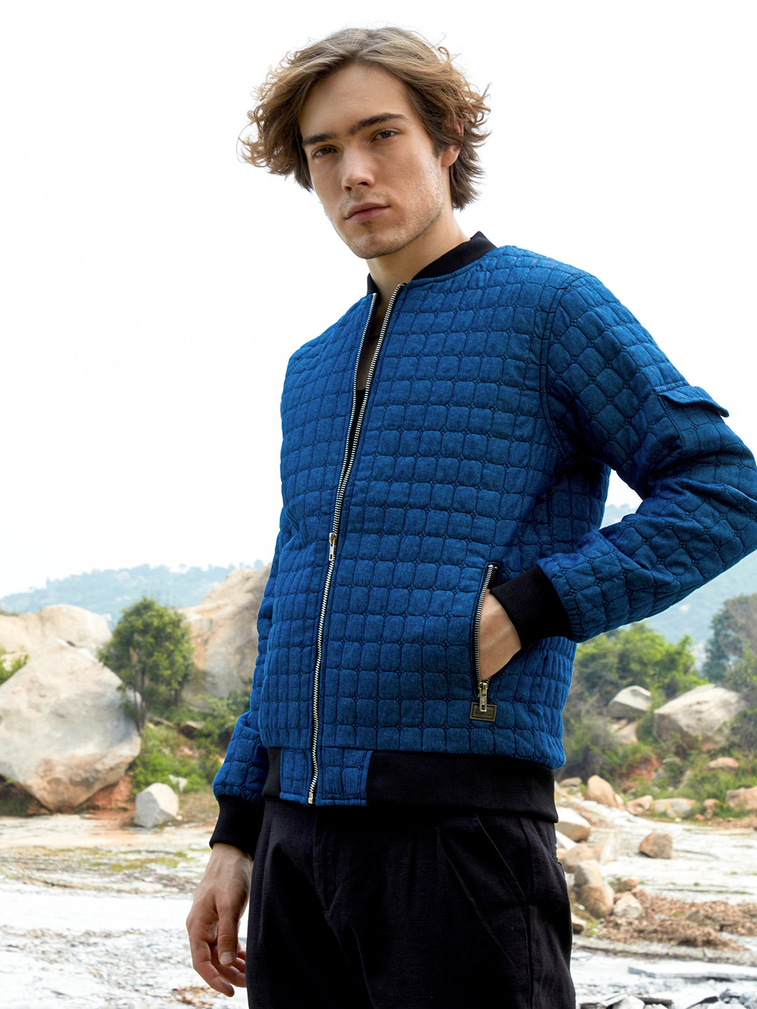 Cubic-Quilted Bomber Jacket