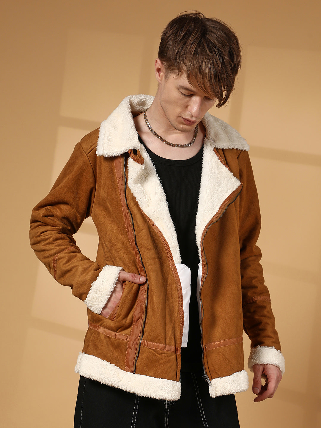 Contrast-Fleece Suede Biker Jacket