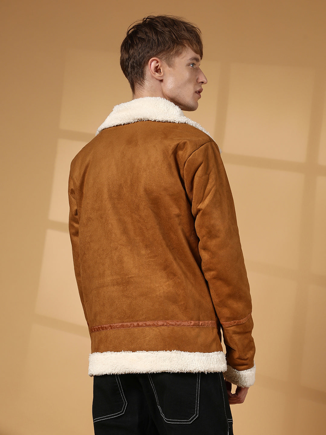 Contrast-Fleece Suede Biker Jacket