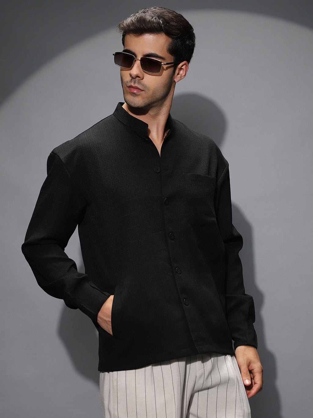 Band-Collar Heathered Shacket