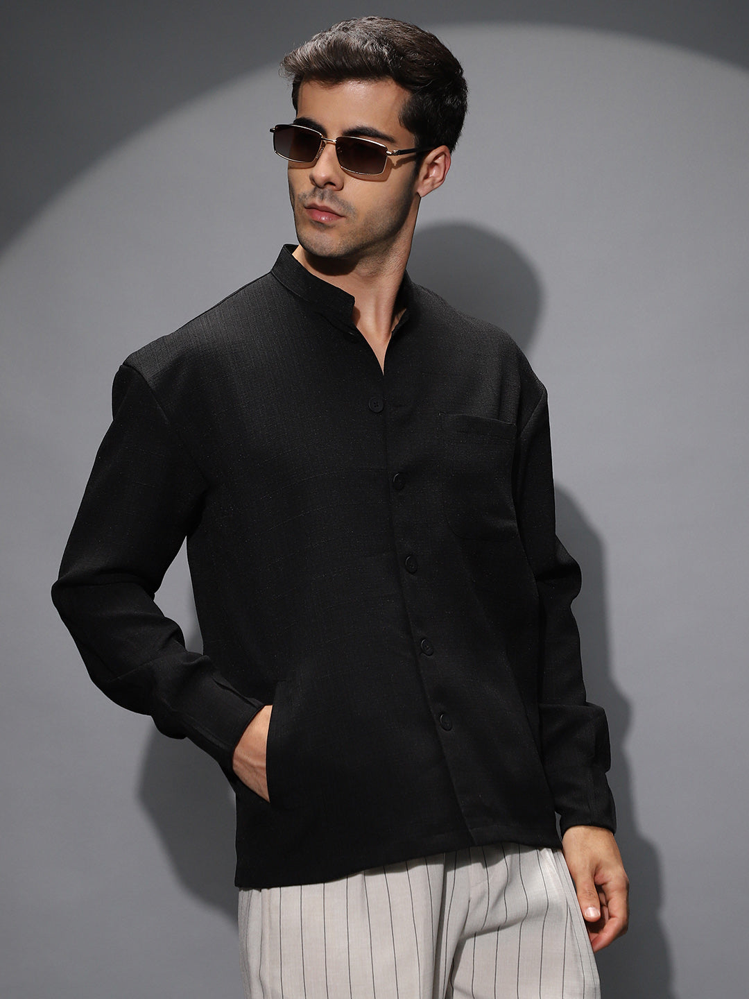 Band-Collar Heathered Shacket