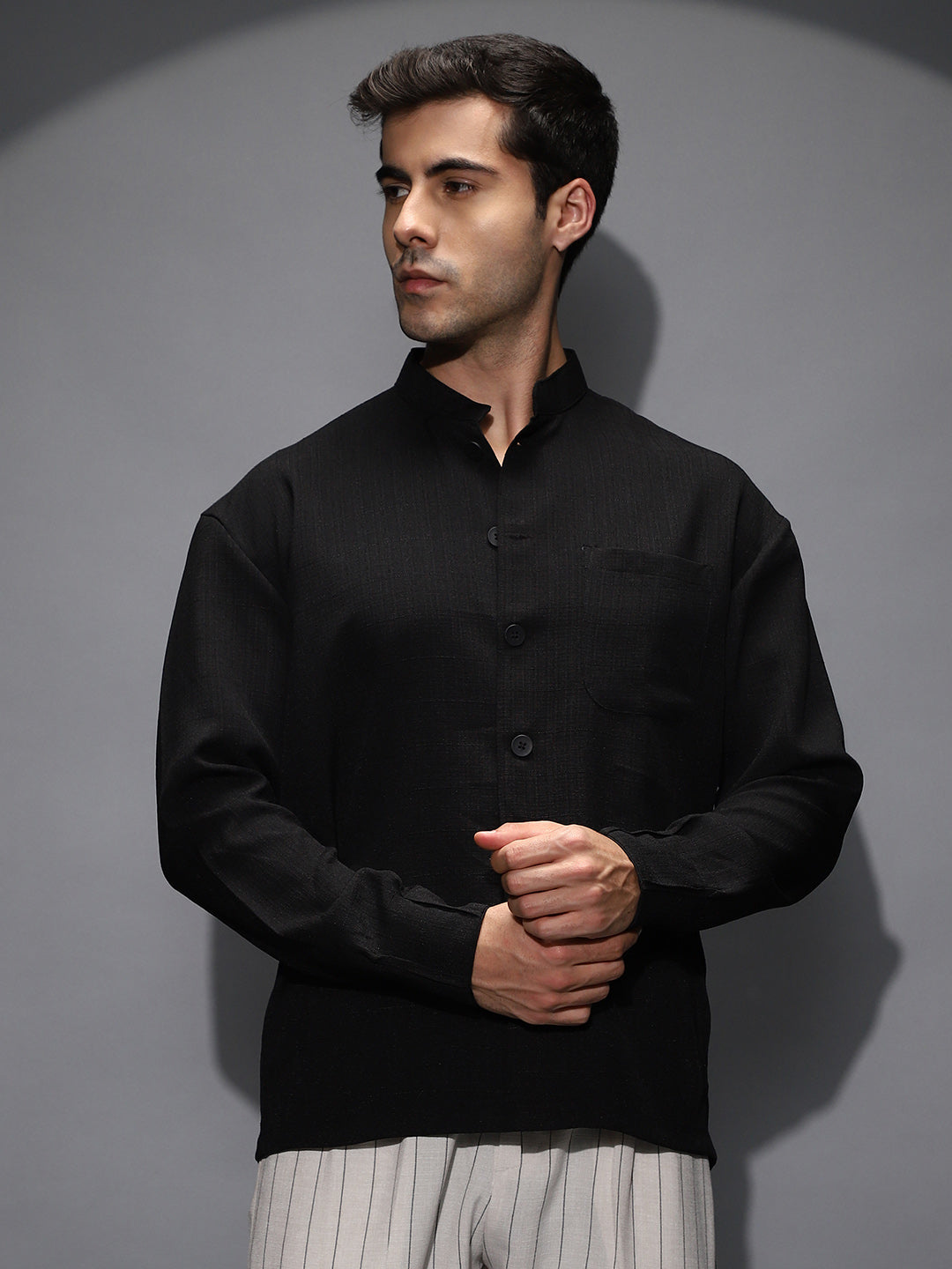 Band-Collar Heathered Shacket