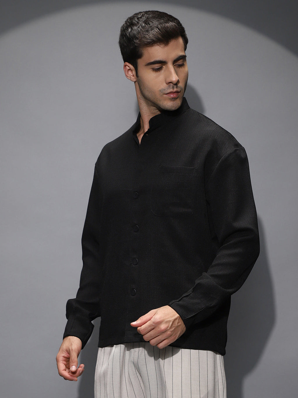 Band-Collar Heathered Shacket