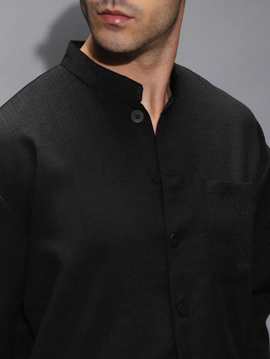 Band-Collar Heathered Shacket