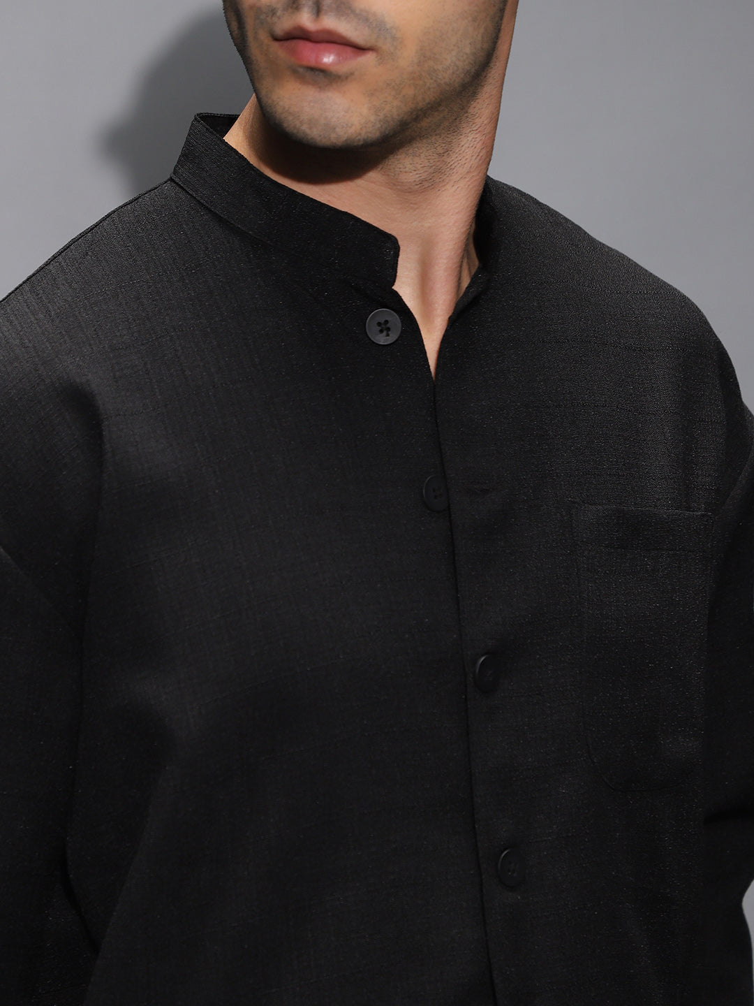 Band-Collar Heathered Shacket