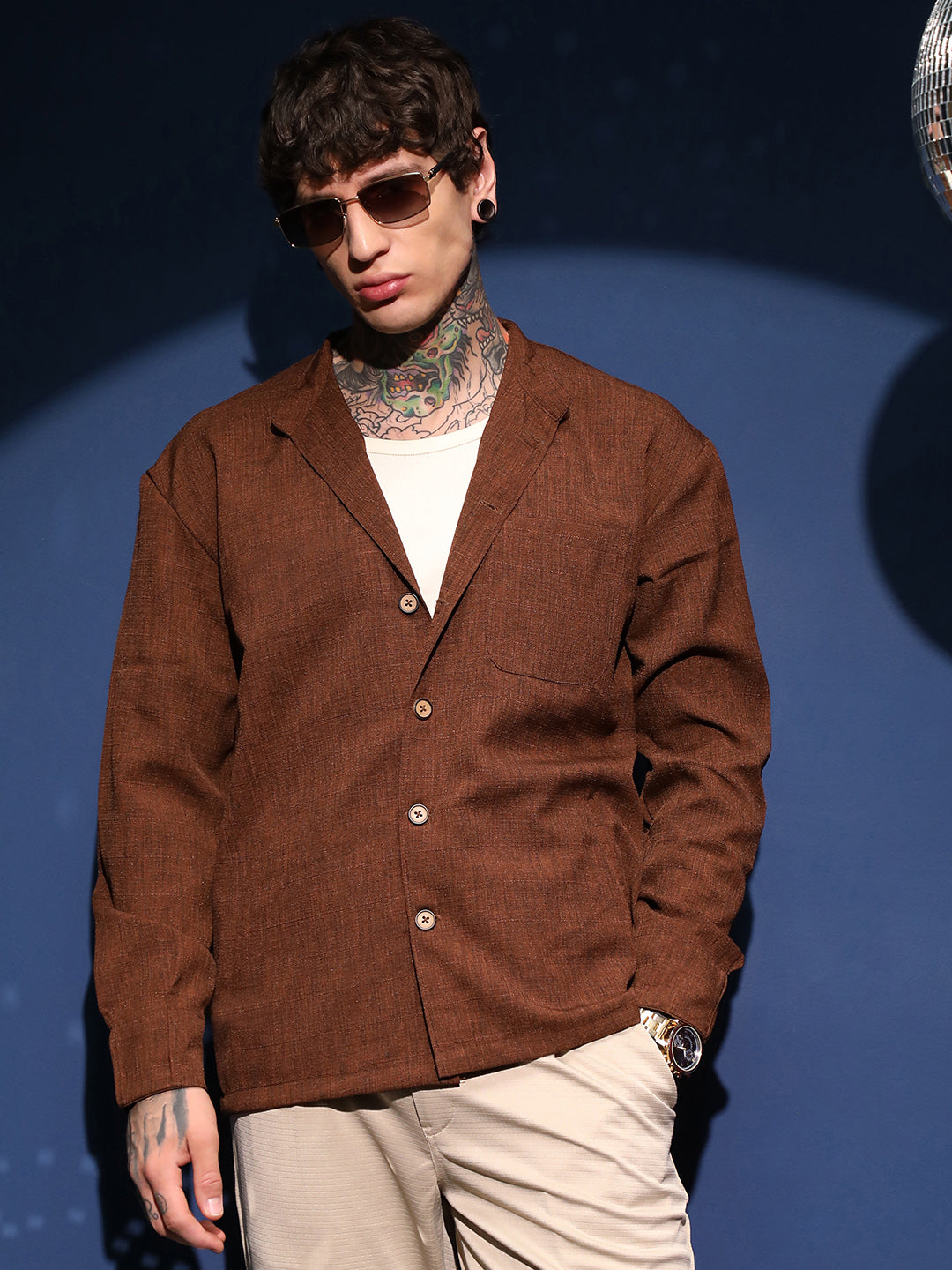 Band-Collar Heathered Shacket