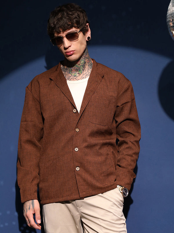 Band-Collar Heathered Shacket