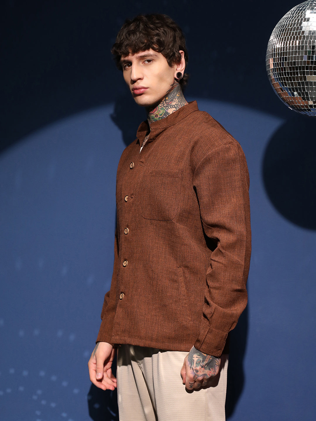 Band-Collar Heathered Shacket