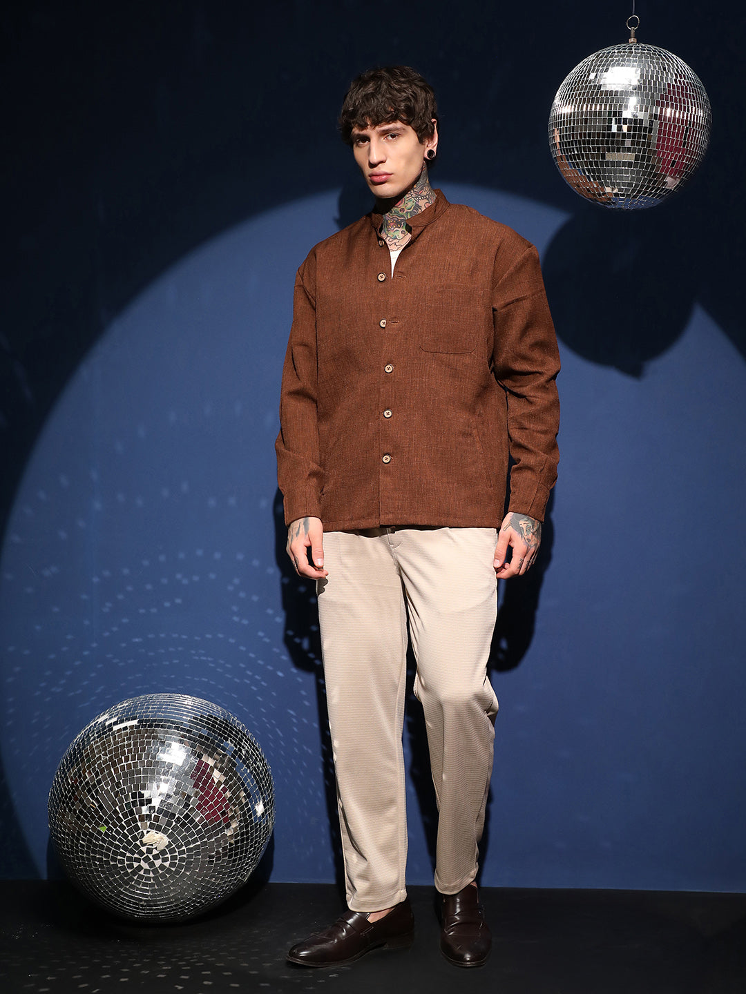 Band-Collar Heathered Shacket