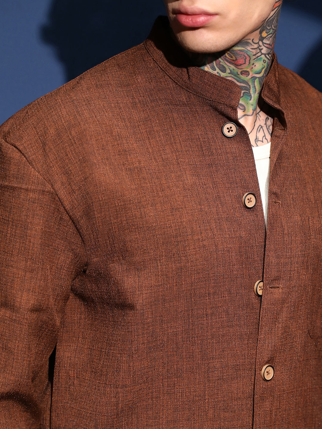 Band-Collar Heathered Shacket