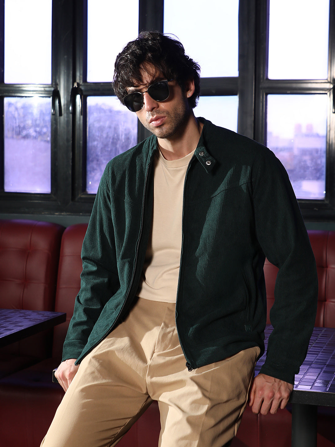 ₹1,799 | Campus Sutra Men's Emerald Green Corduroy Rider Jacket