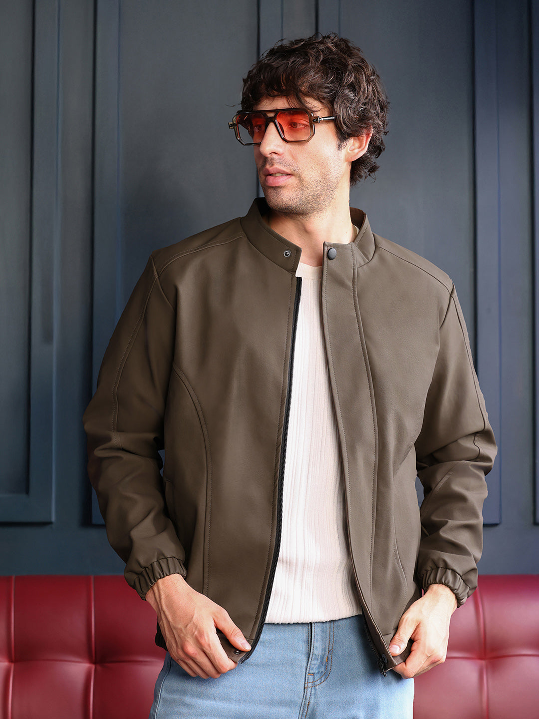 ₹1,749 | Campus Sutra Men's Mocha Brown Coated Panel-Stitch Rider