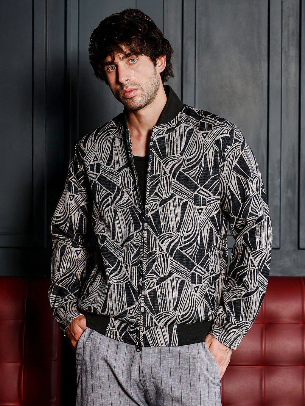 Stroke-Jacquard Bomber Jacket