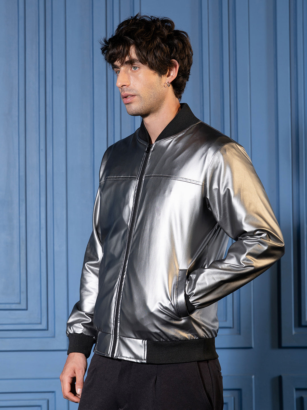 ₹1,749 | Campus Sutra Men's Chalice Silver Patent-Panel Bomber