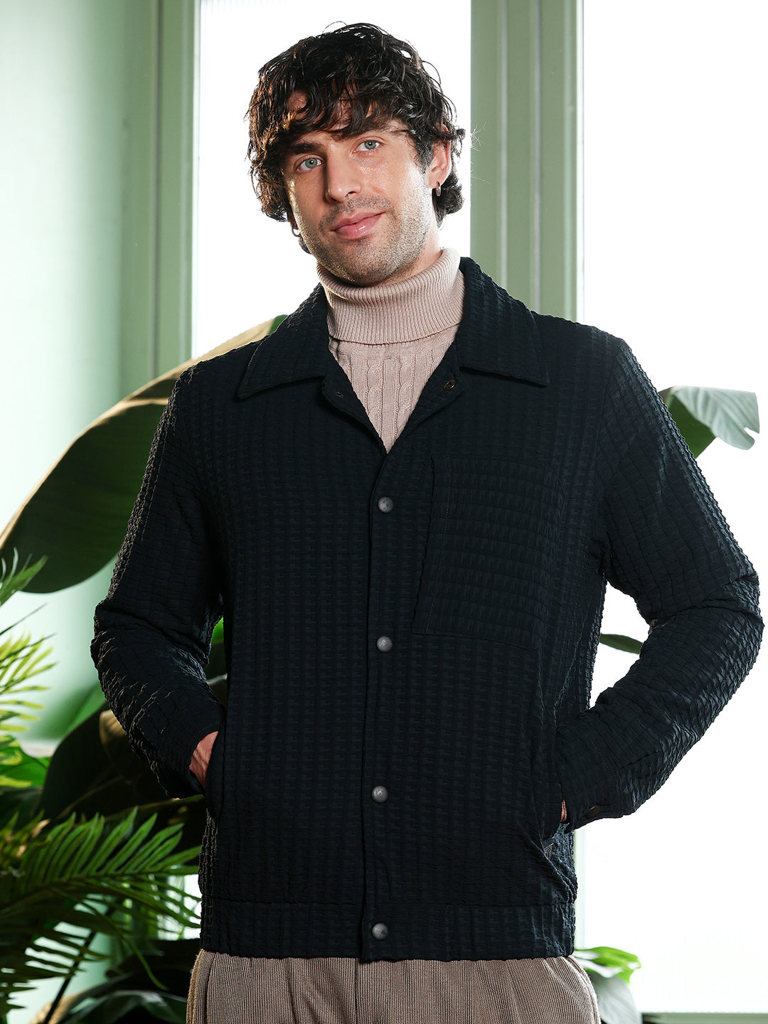 Houndstooth-Tactile Utility Bomber Jacket